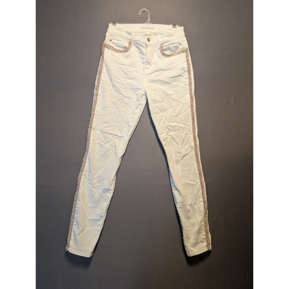 7 For All Mankind Jeans Womens 26 White Denim Rainbow Fringe Skinny Leg Pockets